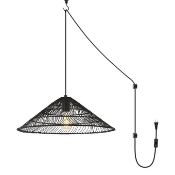 Nova 20.25" Farmhouse Coastal Rattan 180" Cord Plug-In or Hardwired LED Pendant - JONATHAN Y